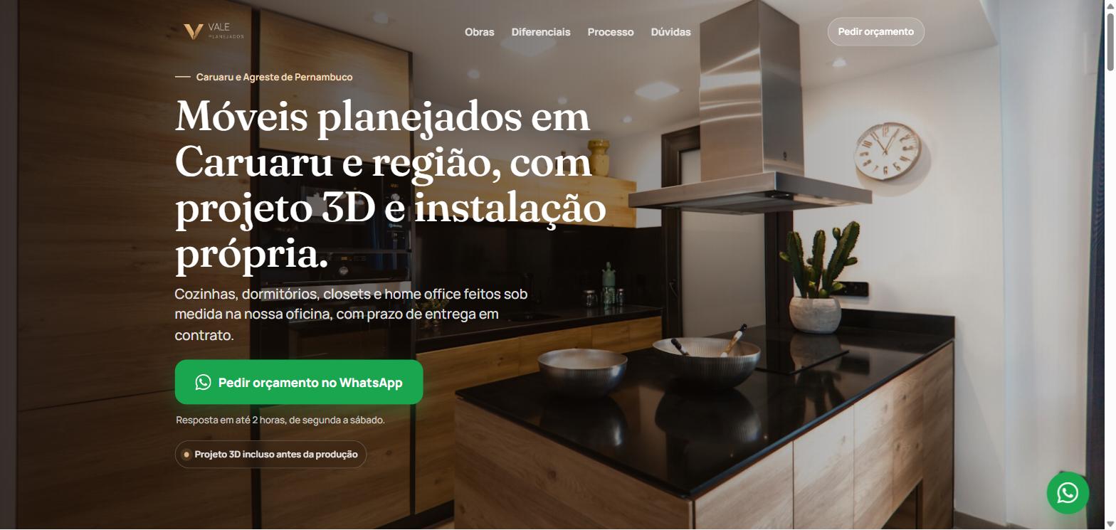 Primeira tela da página da Vale Planejados: foto da cozinha, título, botão de orçamento no WhatsApp e selo de projeto 3D